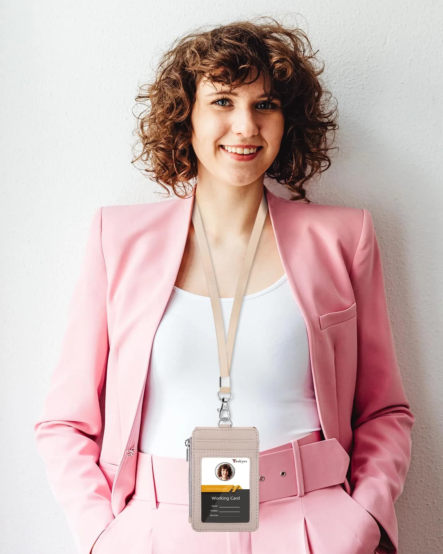 Teskyer Lichee Beige PU Leather ID Badge Holder with Lanyard & Zipper Pocket | 4 Card Slots, 1 Clear ID Window - view 2