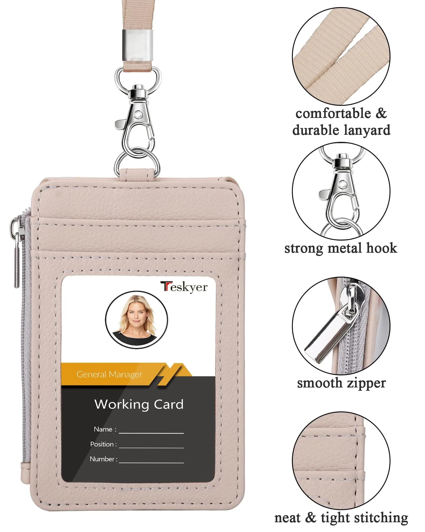 Teskyer Lichee Beige PU Leather ID Badge Holder with Lanyard & Zipper Pocket | 4 Card Slots, 1 Clear ID Window - view 3