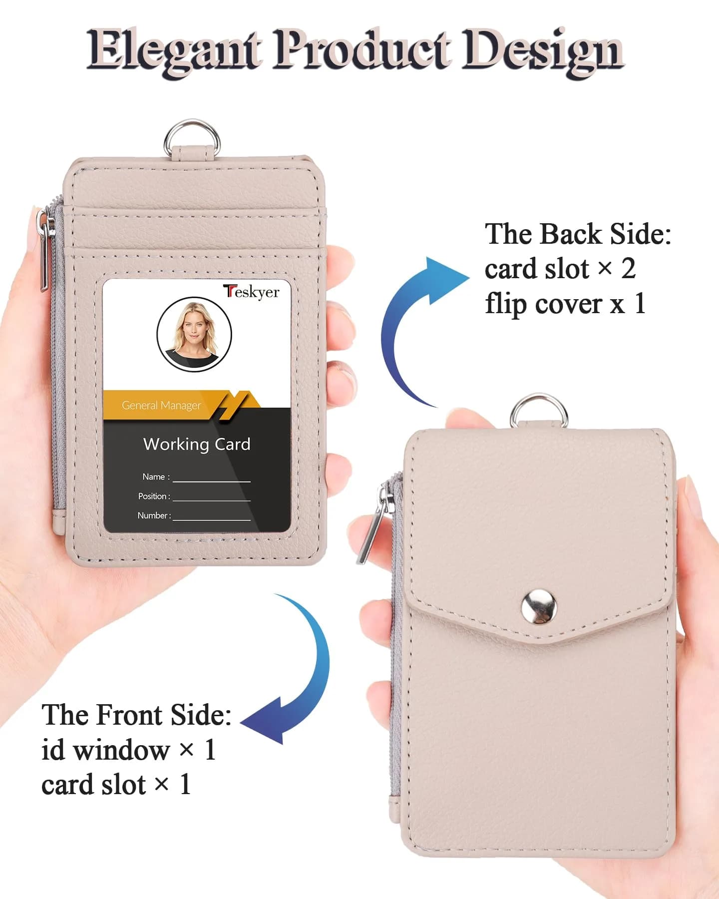 Teskyer Lichee Beige PU Leather ID Badge Holder with Lanyard & Zipper Pocket | 4 Card Slots, 1 Clear ID Window - view 4