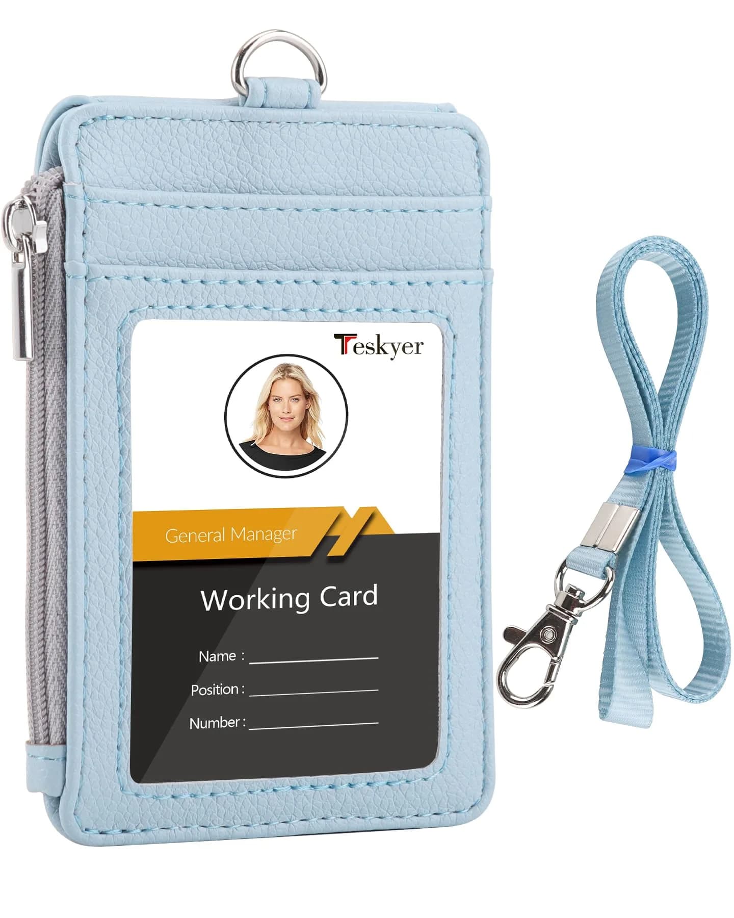 Teskyer Lichee Cyan PU Leather ID Badge Holder with Lanyard & Zipper Pocket | 4 Card Slots, 1 Clear ID Window - main product image