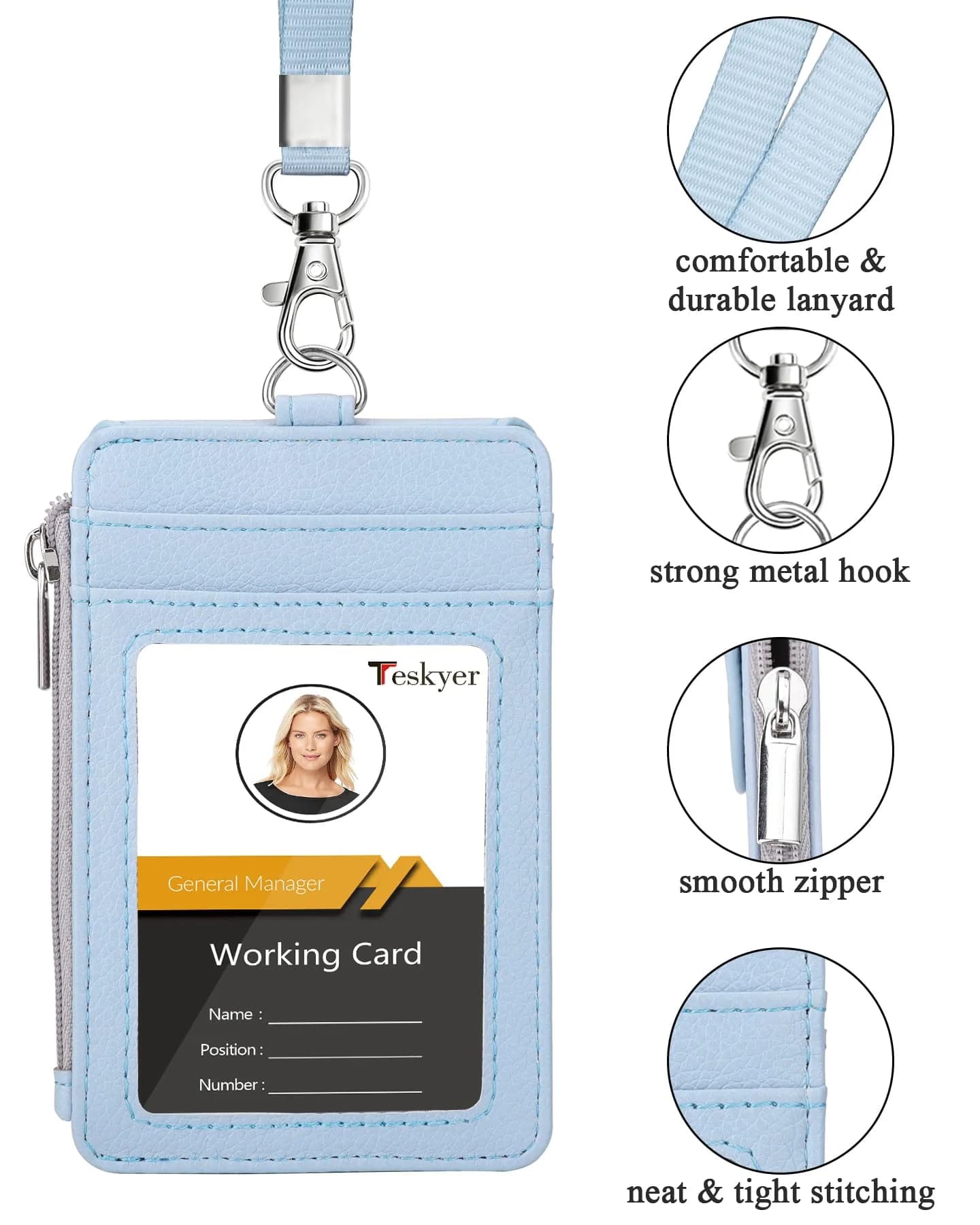 Teskyer Lichee Cyan PU Leather ID Badge Holder with Lanyard & Zipper Pocket | 4 Card Slots, 1 Clear ID Window - view 2