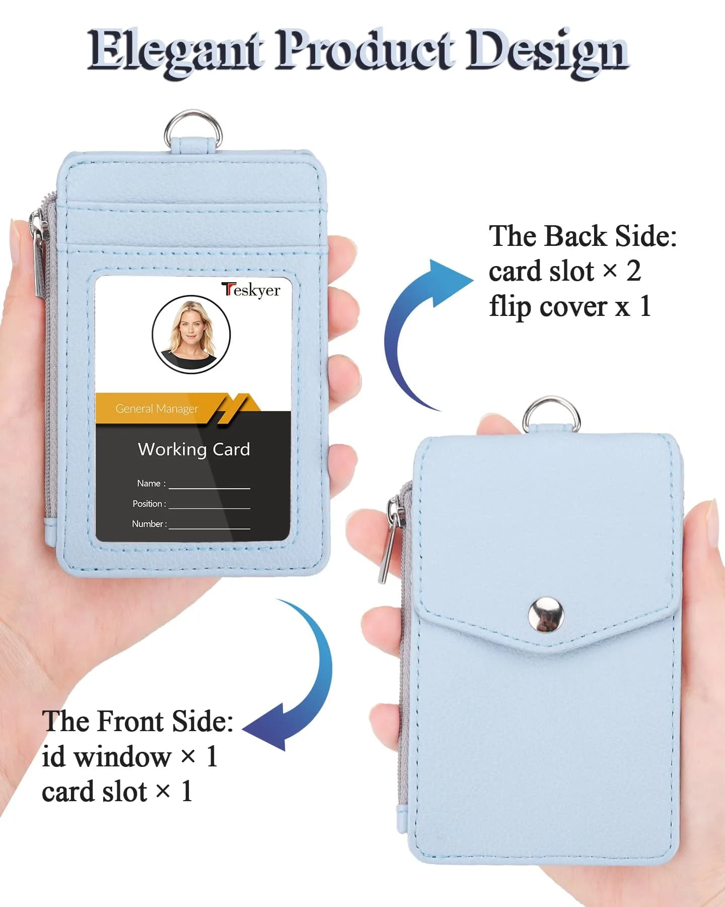 Teskyer Lichee Cyan PU Leather ID Badge Holder with Lanyard & Zipper Pocket | 4 Card Slots, 1 Clear ID Window - view 3