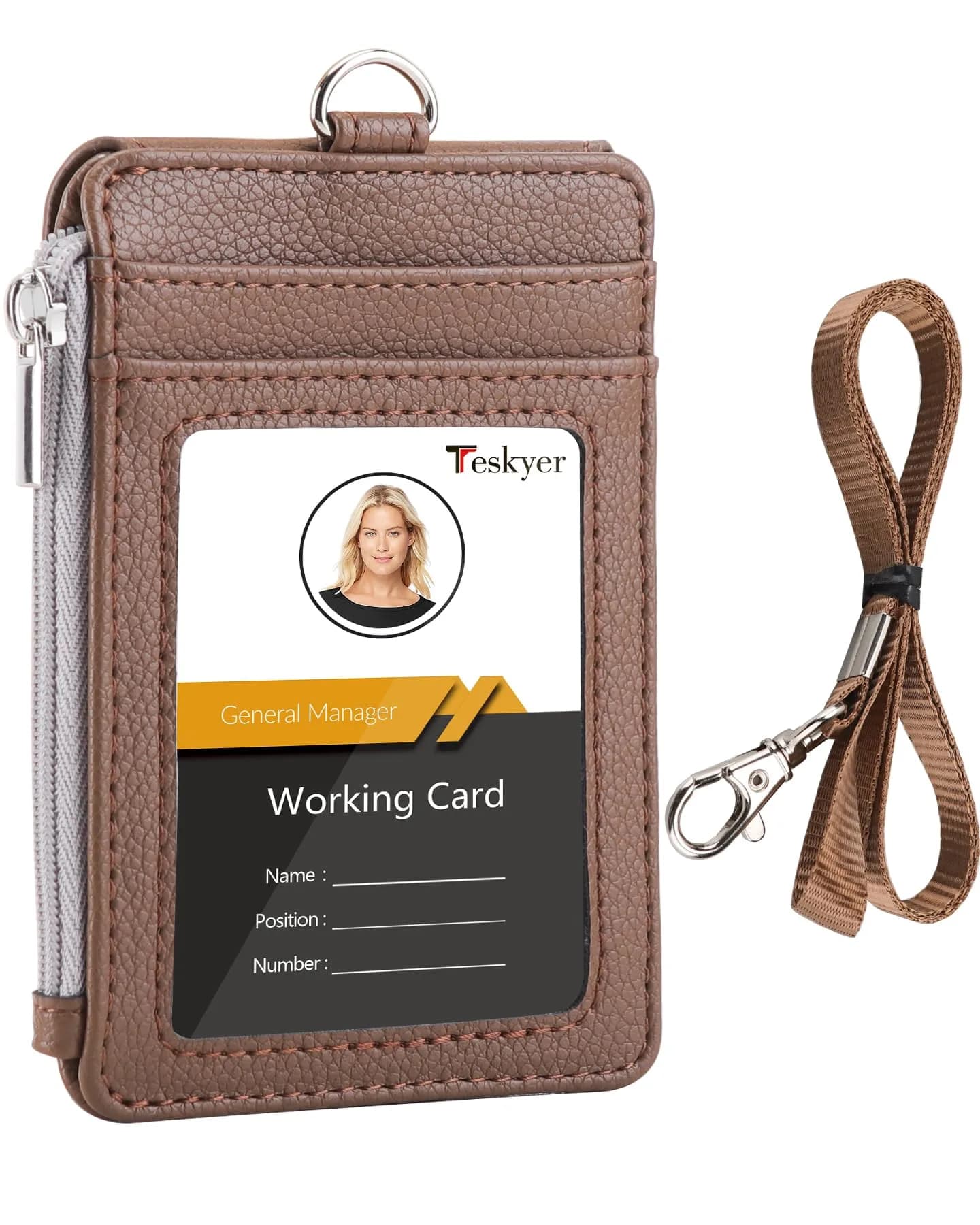 Teskyer Lichee Coffee PU Leather ID Badge Holder with Lanyard & Zipper Pocket - main product image