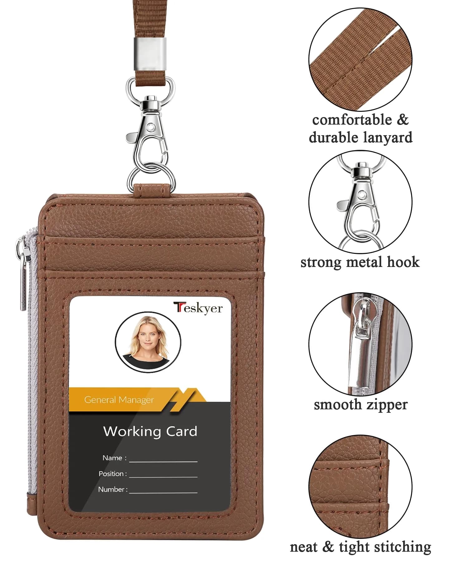 Teskyer Lichee Coffee PU Leather ID Badge Holder with Lanyard & Zipper Pocket - view 2