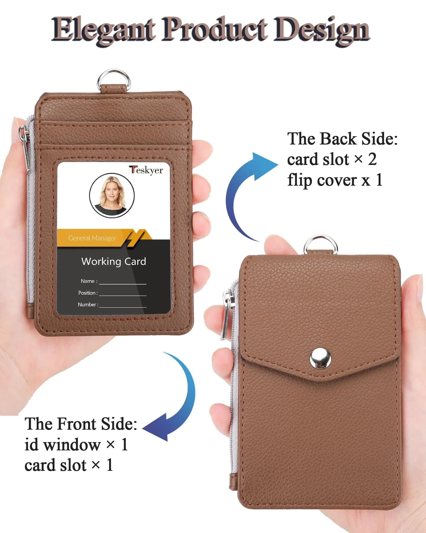 Teskyer Lichee Coffee PU Leather ID Badge Holder with Lanyard & Zipper Pocket - view 3