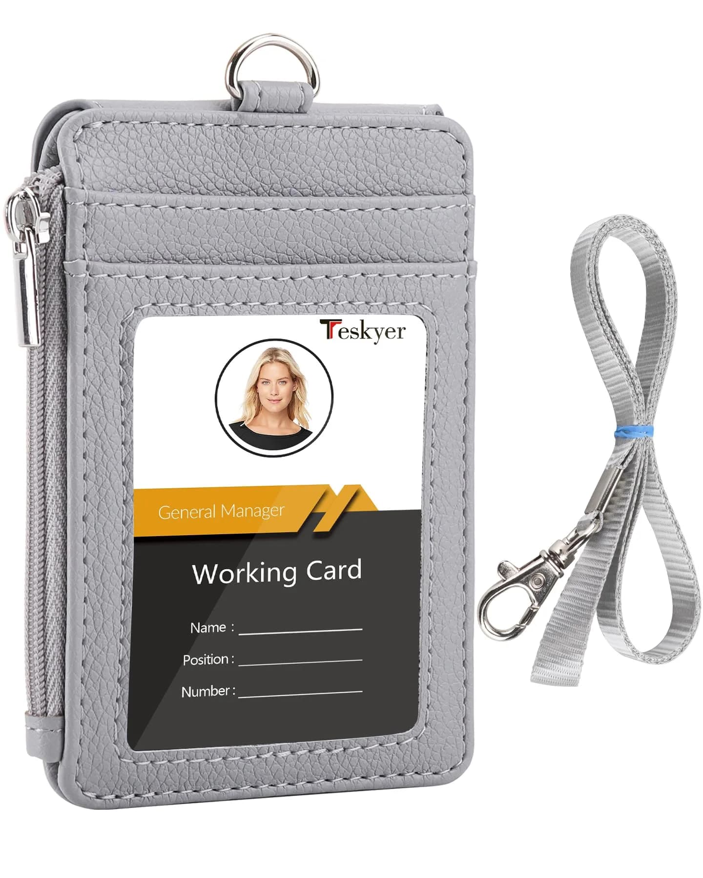 Teskyer Lichee Gray PU Leather ID Badge Holder with Lanyard & Zipper Pocket - main product image