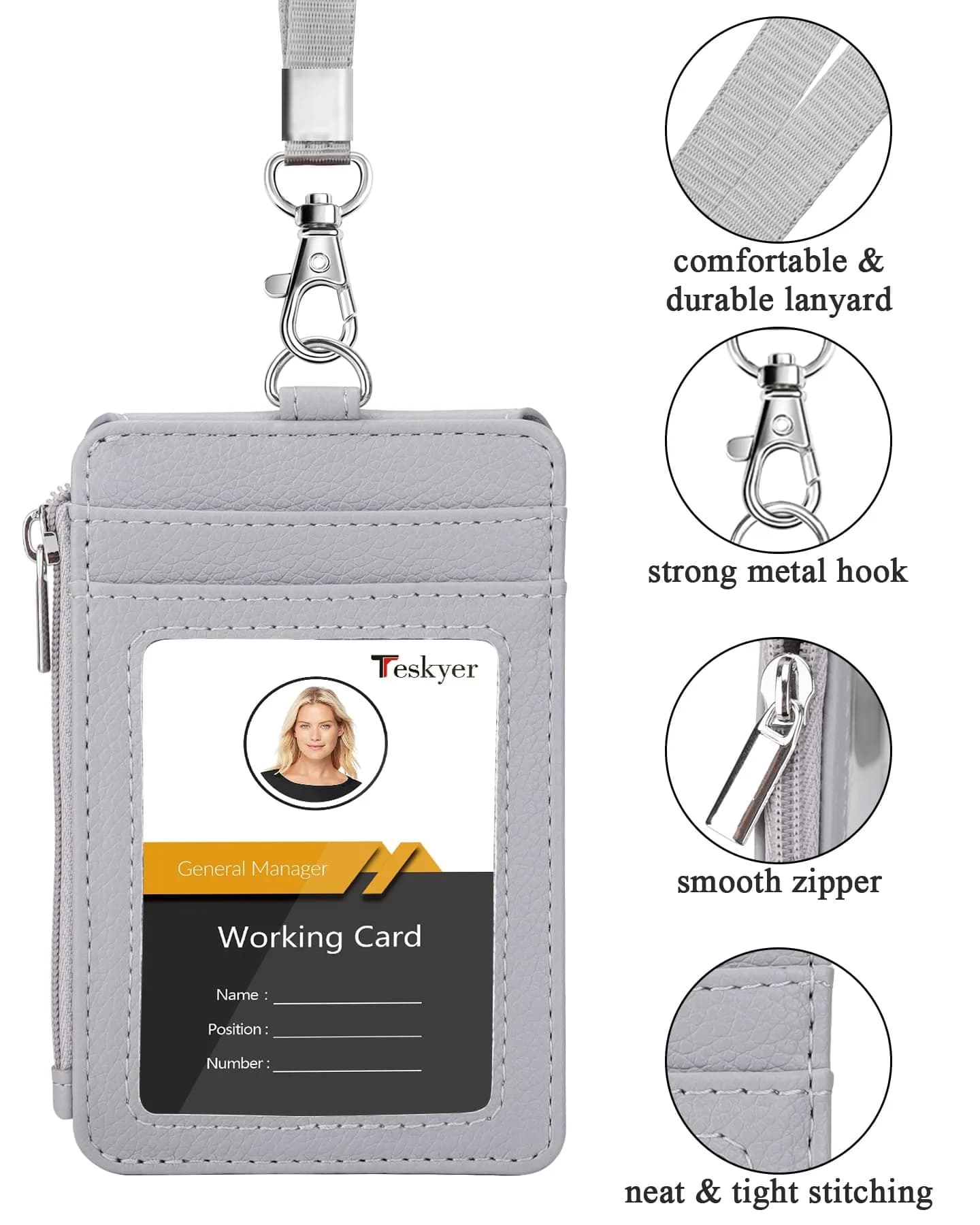 Teskyer Lichee Gray PU Leather ID Badge Holder with Lanyard & Zipper Pocket - view 2