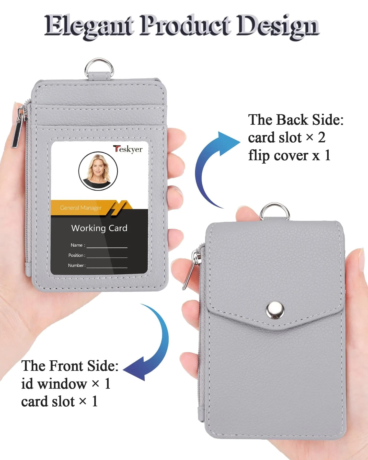 Teskyer Lichee Gray PU Leather ID Badge Holder with Lanyard & Zipper Pocket - view 3