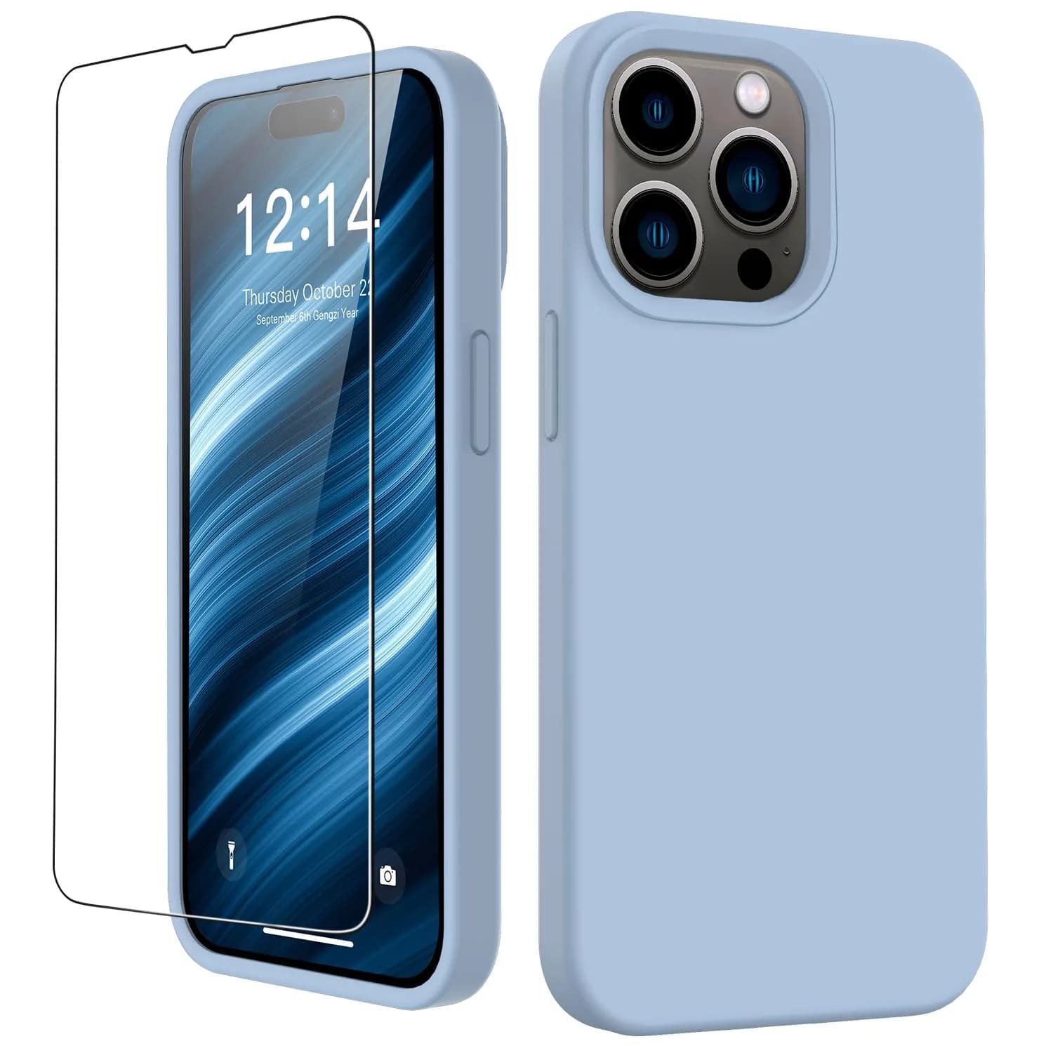 FUNMIKO Compatible with iPhone 15 Pro Max Case with Screen Protector | Silky Soft Silicone, Light Blue — Light Blue