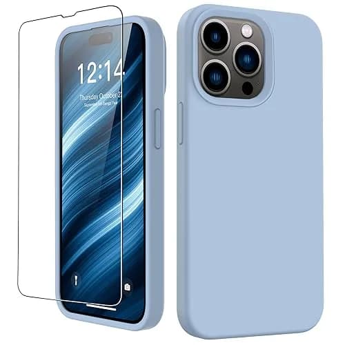 FUNMIKO Compatible with iPhone 15 Pro Max Case with Screen Protector | Silky Soft Silicone, Light Blue thumbnail 1