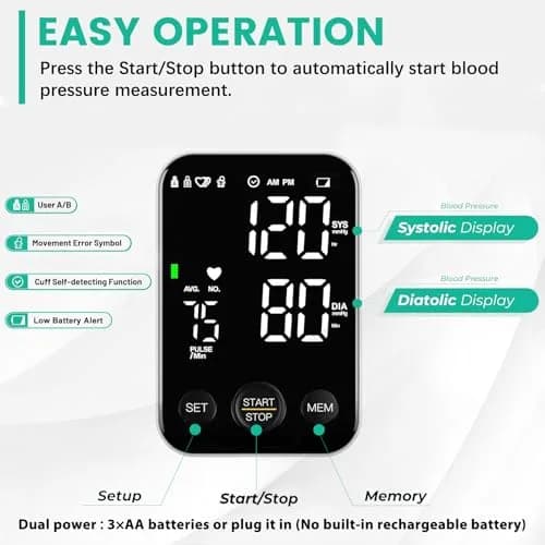 Oklar FDA Cleared Automatic Arm Blood Pressure Monitor | 22-40 cm Cuff, 2x120 Readings, Type-C & Battery Powered thumbnail 3