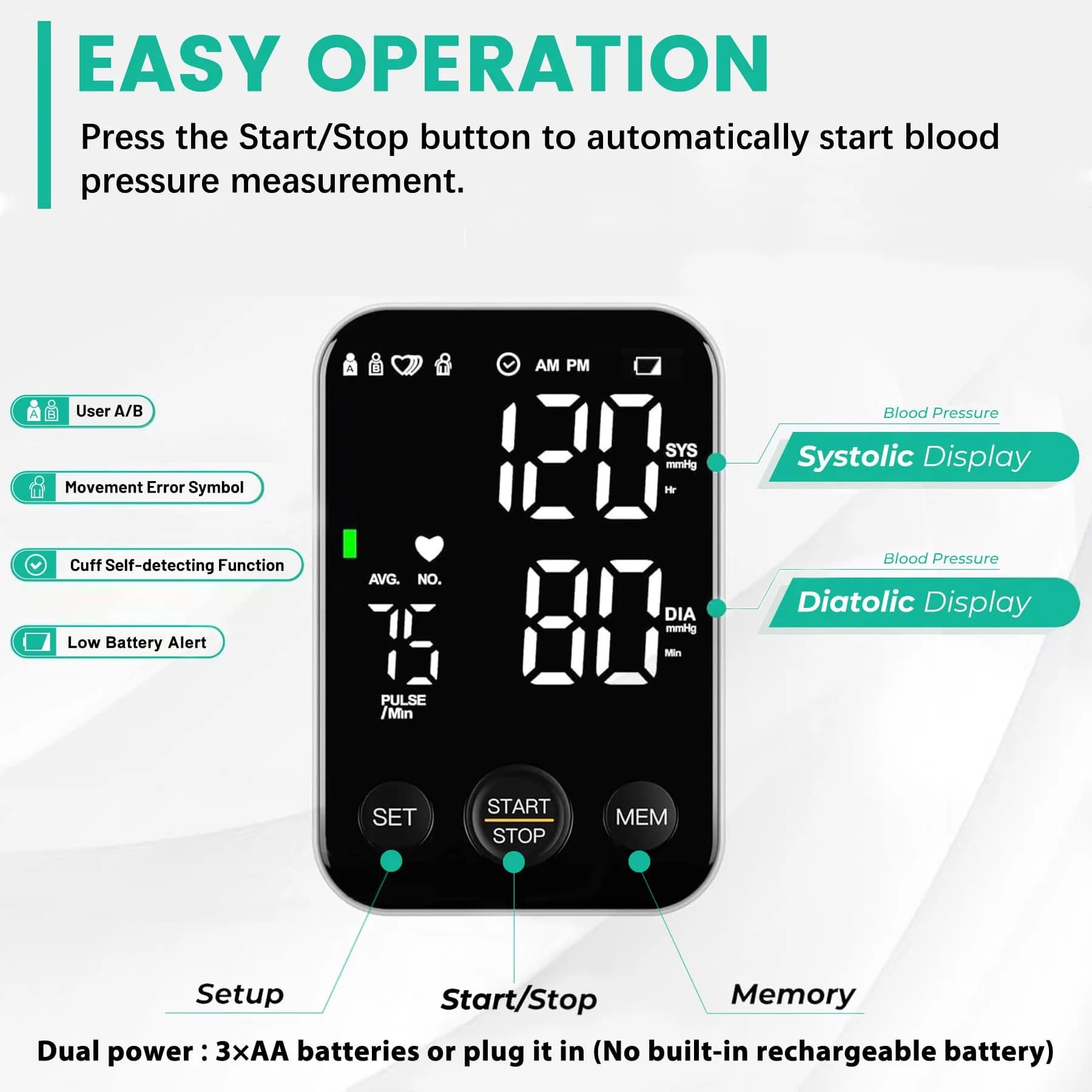 Oklar FDA Cleared Automatic Arm Blood Pressure Monitor | 22-40 cm Cuff, 2x120 Readings, Type-C & Battery Powered - view 3