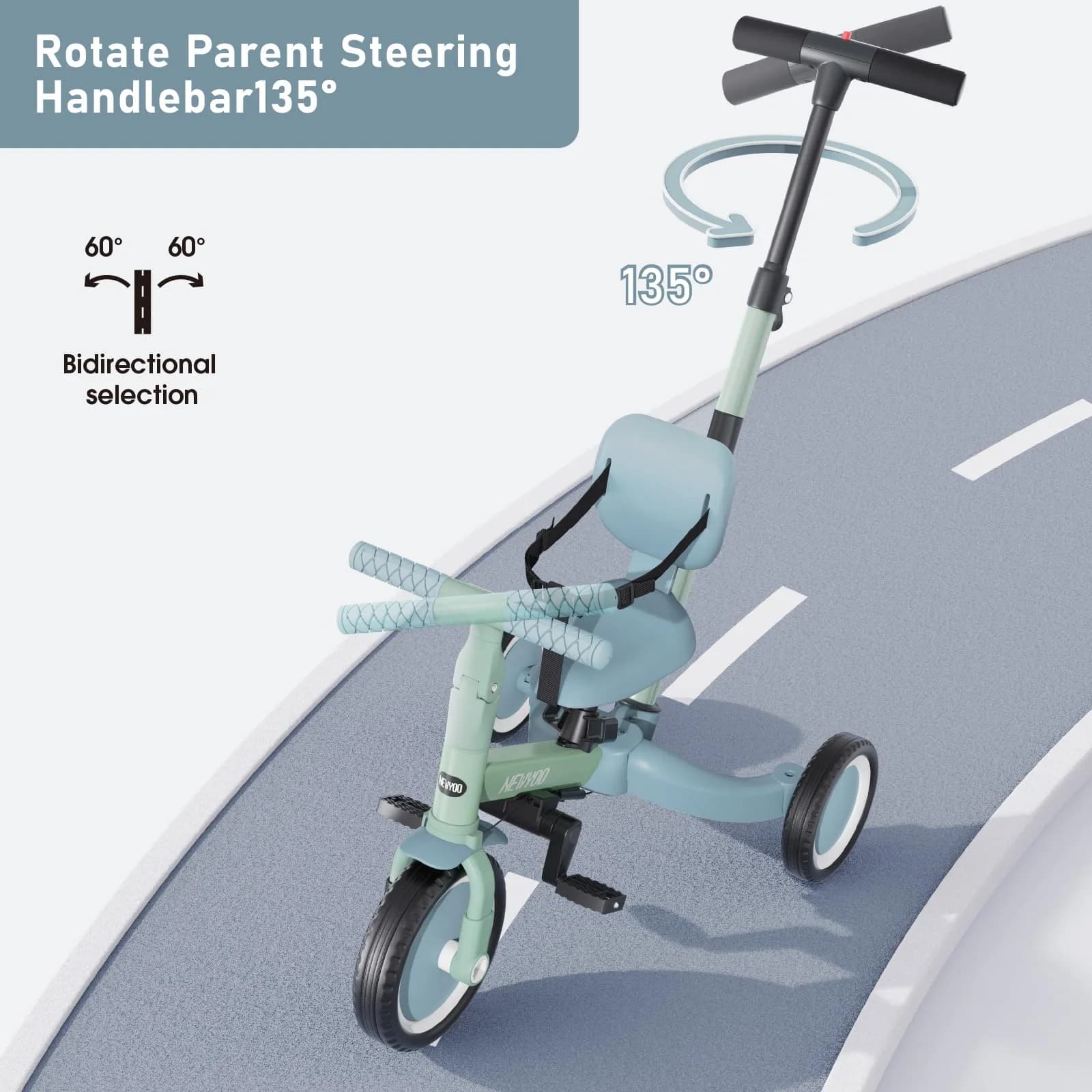 newyoo TR007 5-in-1 Toddler Tricycle & Balance Bike Green | ASTM & EN188 Approved - view 4