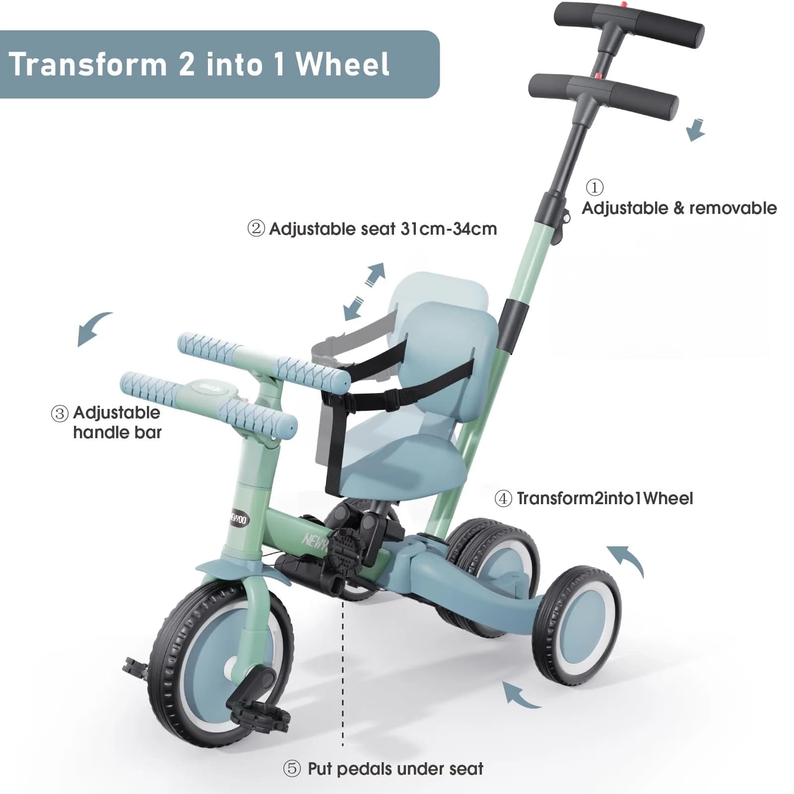 newyoo TR007 5-in-1 Toddler Tricycle & Balance Bike Green | ASTM & EN188 Approved - view 3