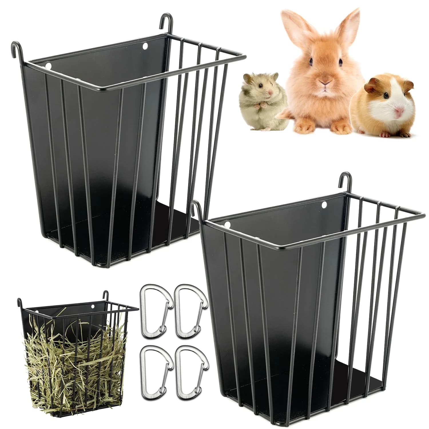 LUAVIARU Metal Hay Feeder Rack for Rabbits & Guinea Pigs, 2-Pack Black | Less Wasted Hay & Easy Clean — Black