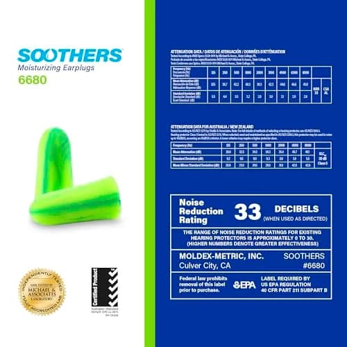 Soothers Moisturizing Foam Earplugs 200 Pair | Hydrating, Soft Fit, NRR 33dB, PVC-Free thumbnail 6