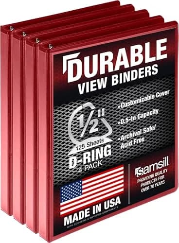 Samsill Durable 1.3cm (0.5 Inch) 4 Pack Binder, D-Ring, Red | Value Pack Storage Binder for Students - view 2