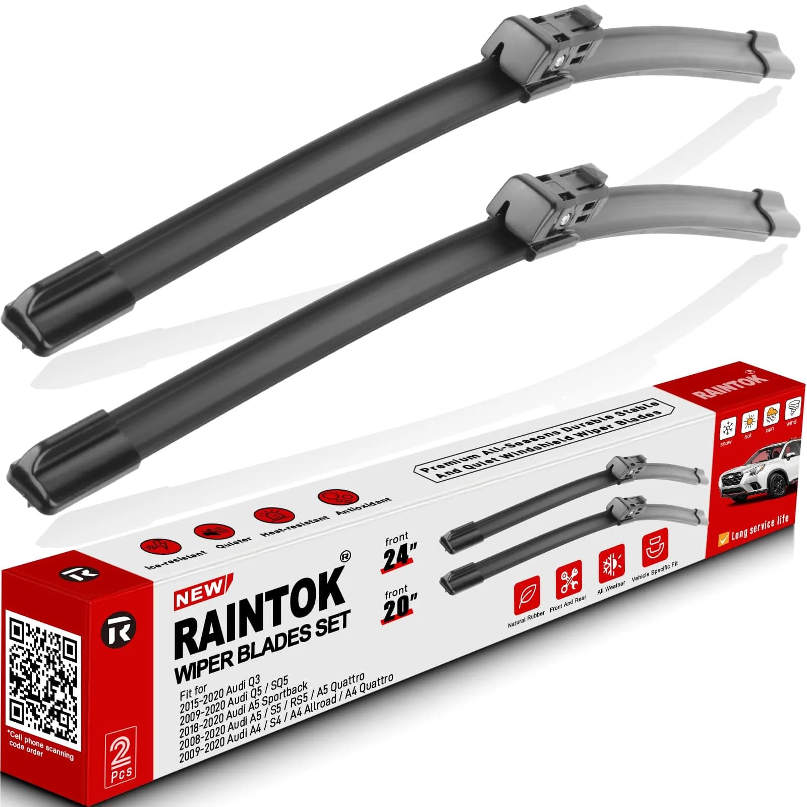Raintok Windshield Wiper Blades Replacement for Audi Q3 2015-2024 & Q5 SQ5 2009-2024 | 24"+20" | Long-lasting, Precise Fit — 24"+20"