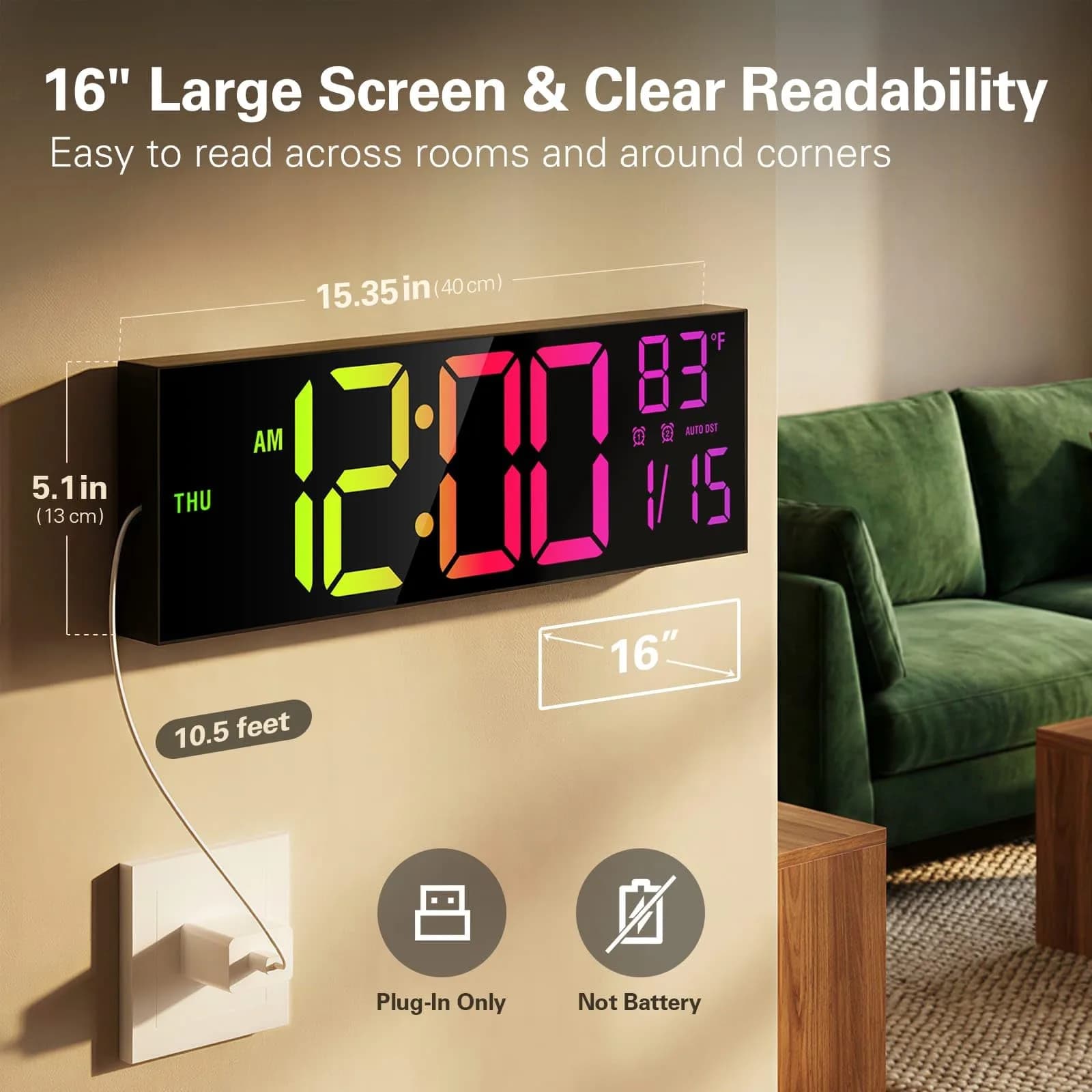 JALL 16-inch Digital Wall Clock with Timer & RGB Light | 40.6 cm (16 inches) - view 2