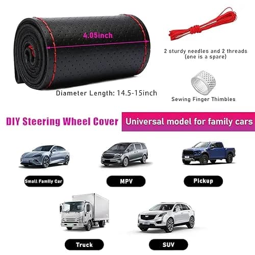 Ziciner Genuine Leather Steering Wheel Cover | Breathable, Anti-Slip, DIY Sewing, Max Diameter 15 Inch thumbnail 2