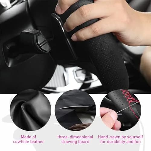 Ziciner Genuine Leather Steering Wheel Cover | Breathable, Anti-Slip, DIY Sewing, Max Diameter 15 Inch thumbnail 3