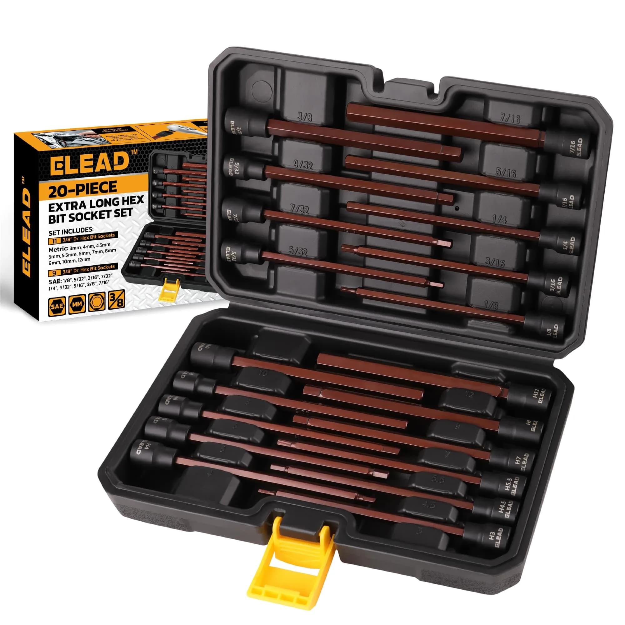 ELEAD Extra-Long Allen Hex Bit Socket Set 20-Piece 150mm | SAE & Metric, Impact Ready, Durable S2 Steel