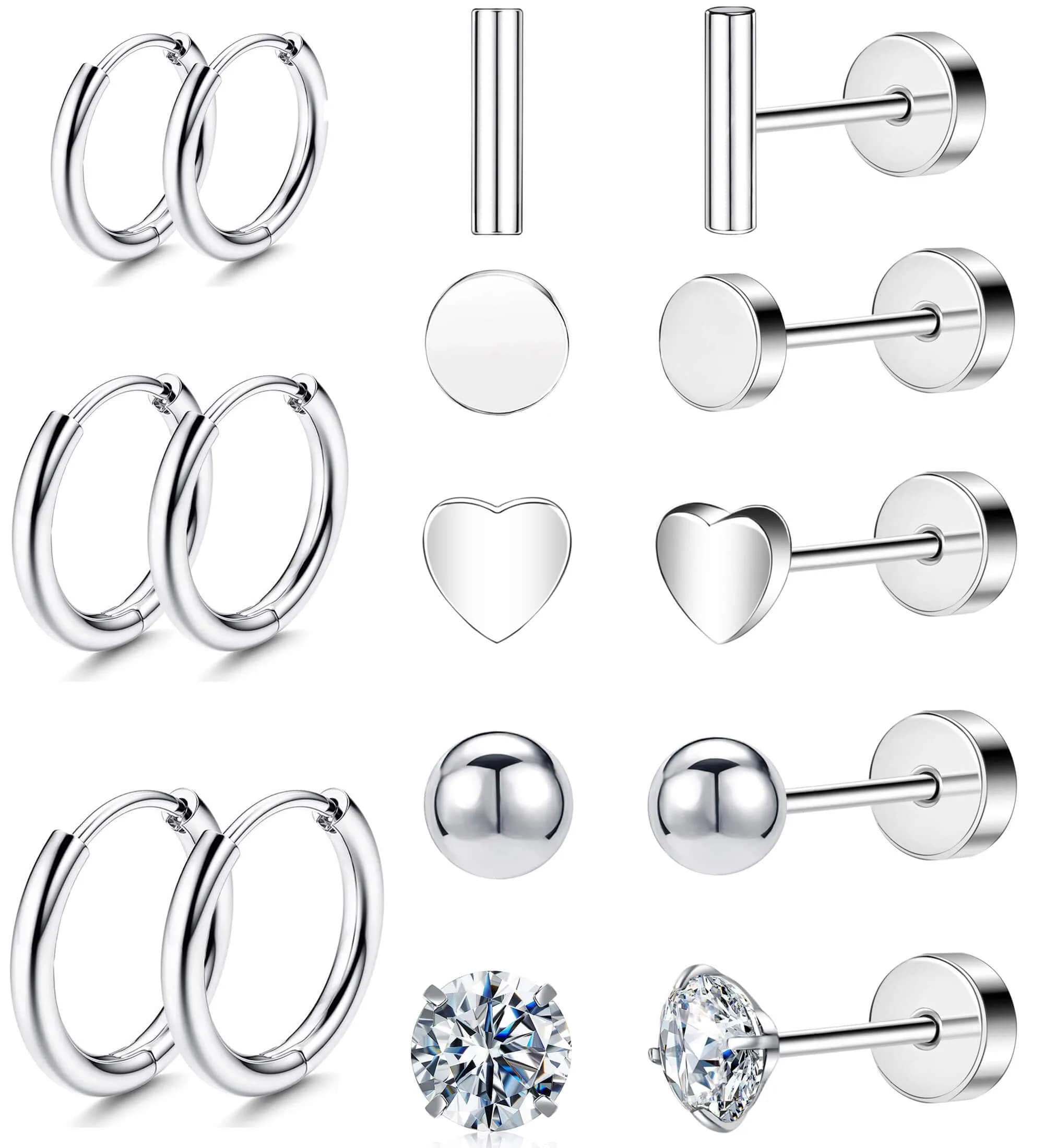 GOGOEY Hypoallergenic Titanium Earrings for Sensitive Ears 14K Gold Plated Opal Ball CZ Heart Small Surgical Steel Flatback Earrings for Women Men (B-Silver) | Comfortable & Durable