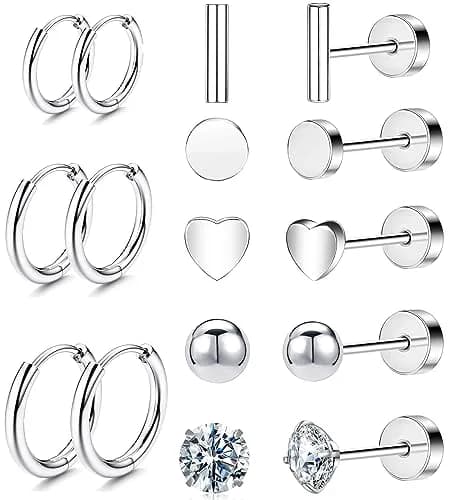 GOGOEY Hypoallergenic Titanium Earrings for Sensitive Ears 14K Gold Plated Opal Ball CZ Heart Small Surgical Steel Flatback Earrings for Women Men (B-Silver) | Comfortable & Durable thumbnail 1