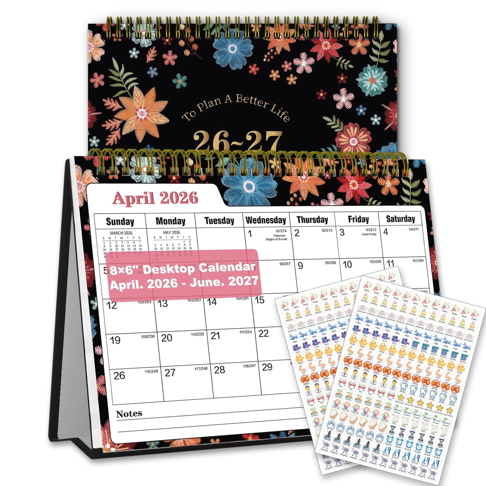 Ymumuda Floral Desk Calendar 2026-2027 20cm (8") x 15cm (6") | Academic Year Planner with To-Do Lists - main product image