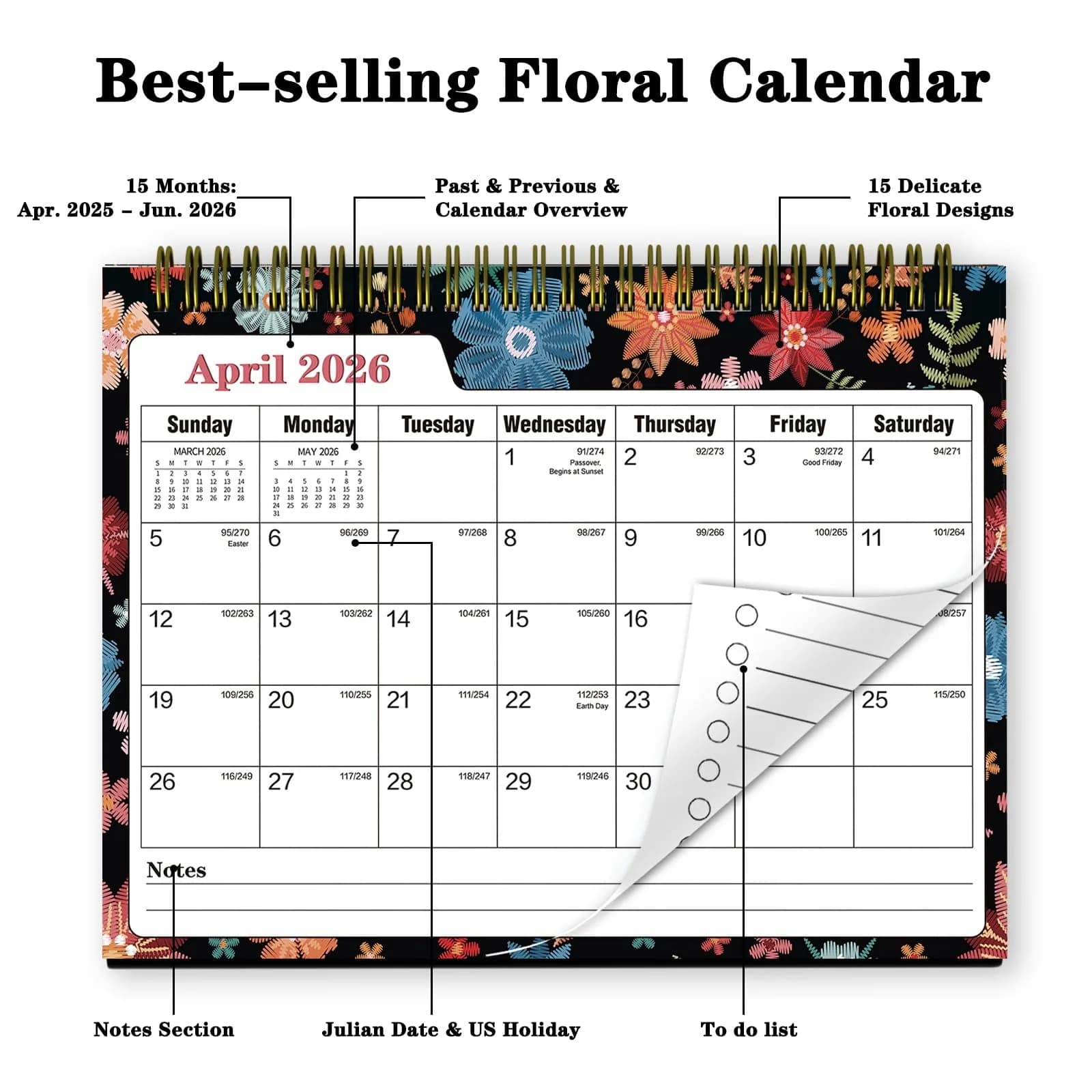 Ymumuda Floral Desk Calendar 2026-2027 20cm (8") x 15cm (6") | Academic Year Planner with To-Do Lists - view 3