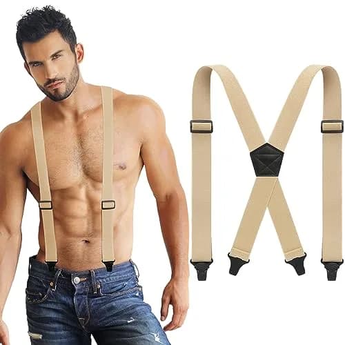 Janmercy Men's Hidden X-Back Suspender Khaki 120 cm (47.24 x 1.5 inches) | Airport Friendly Plastic Clips thumbnail 1