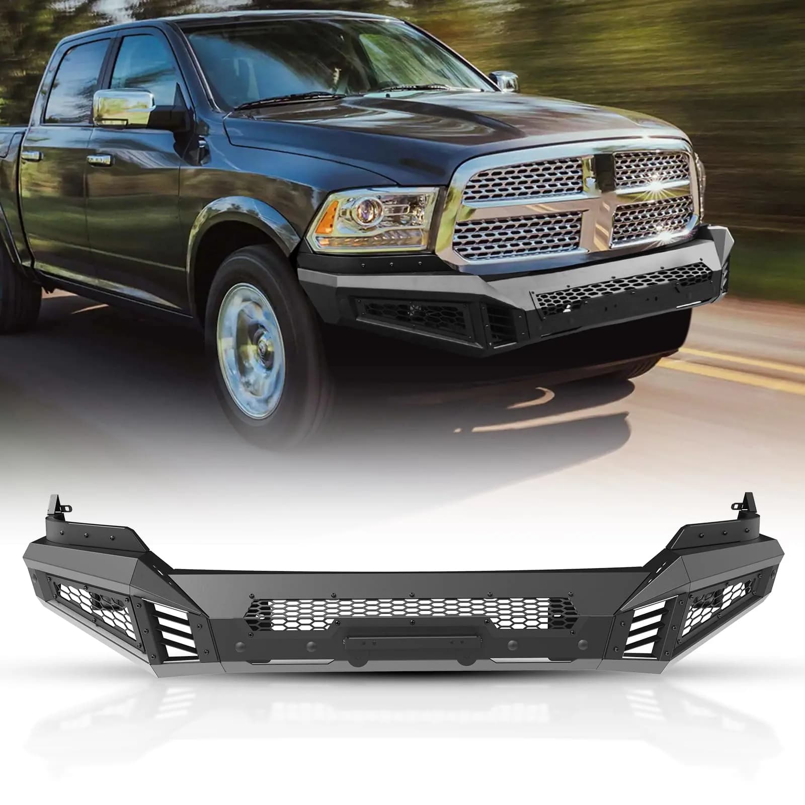 Hawkley Front Bumper for Dodge Ram 1500 2013-2023 | Heavy-Duty Steel, Black Powder Coated — 2 PART (Main Body+Side Wings)