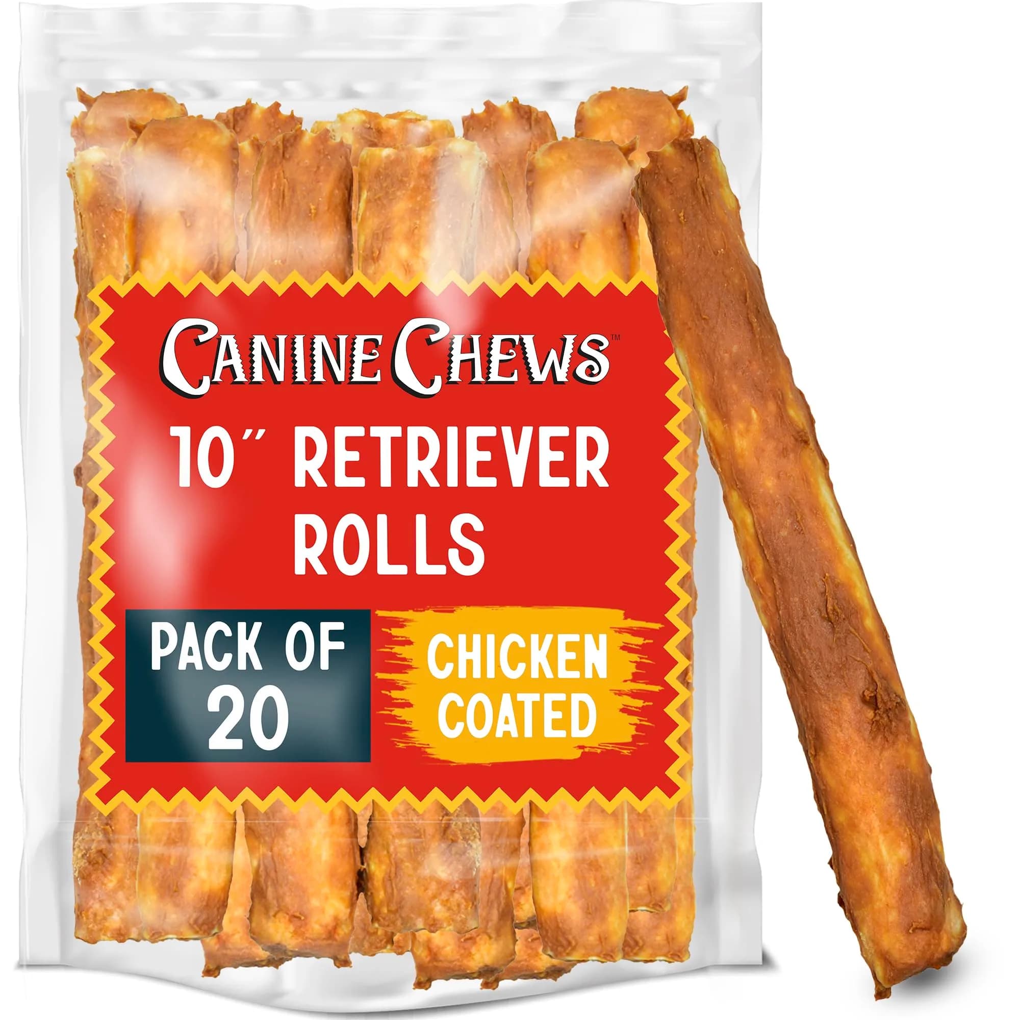 Canine Chews 10" Chicken Coated Dog Rawhide Retriever Rolls | Long-Lasting & Healthy Dental Chew for Large Dogs
