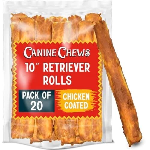 Canine Chews 10" Chicken Coated Dog Rawhide Retriever Rolls | Long-Lasting & Healthy Dental Chew for Large Dogs thumbnail 1