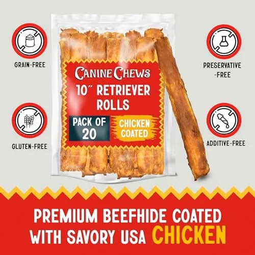 Canine Chews 10" Chicken Coated Dog Rawhide Retriever Rolls | Long-Lasting & Healthy Dental Chew for Large Dogs thumbnail 2