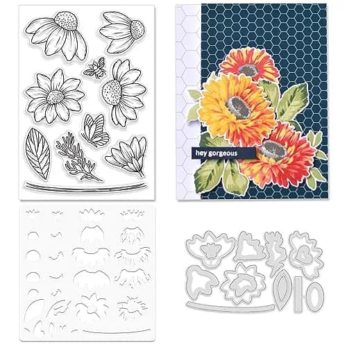 ORIGACH Daisy Flower Stamps and Dies and Layering Stencil Set, Silicone & Metal, 7.9x7.9 inch | DIY Card & Scrapbook Craft thumbnail 1