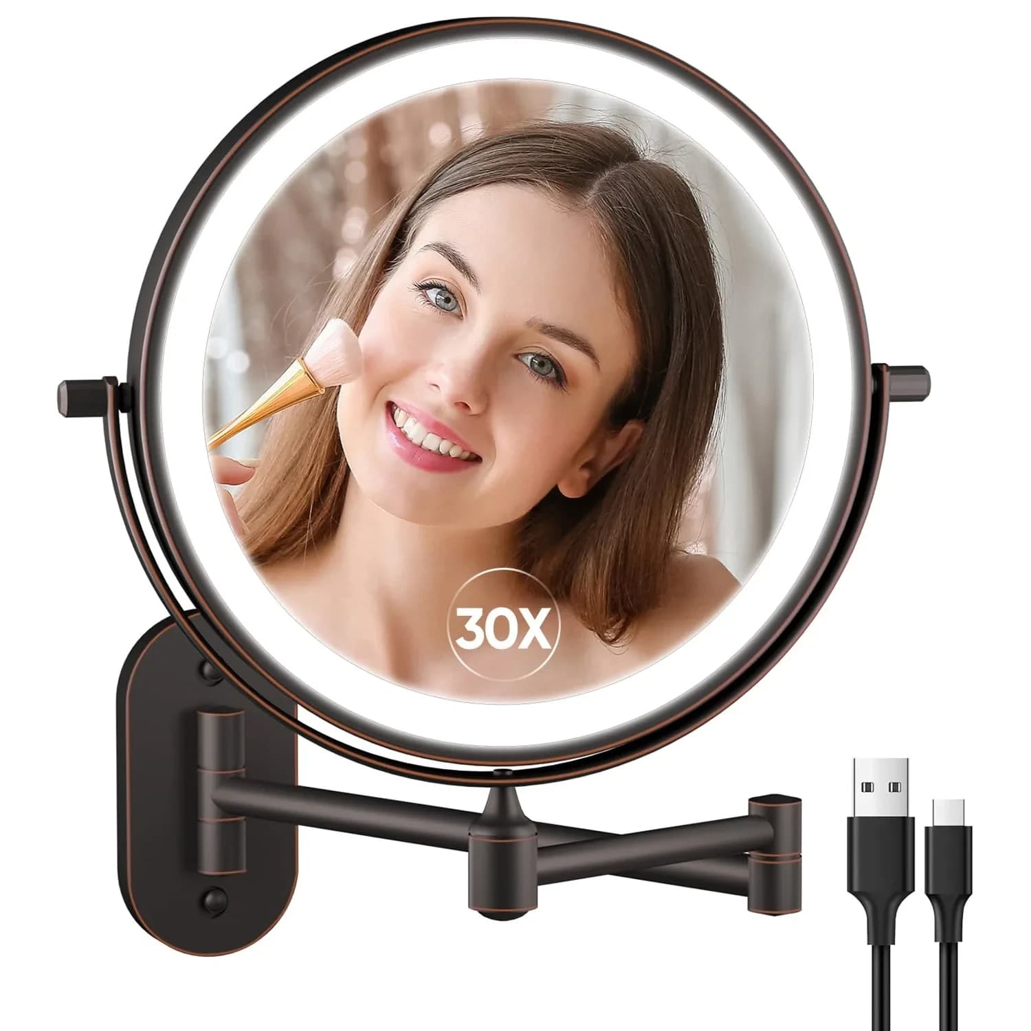 FUNTOUCH Rechargeable Wall Mounted Lighted Makeup Vanity Mirror 20 cm (8 Inch) | 1X/30X Magnification, 3 Color Lights — Antique Bronze