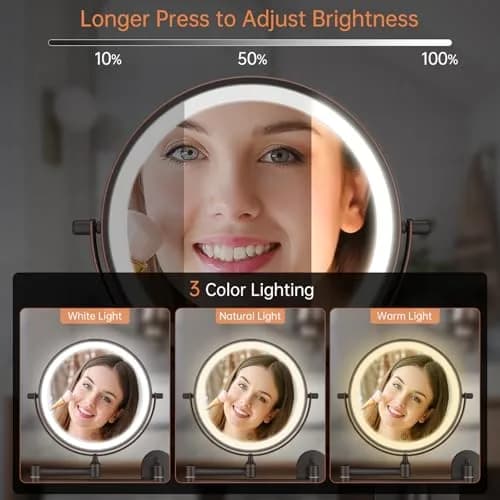 FUNTOUCH Rechargeable Wall Mounted Lighted Makeup Mirror 30cm (12") | 3 Color Lights, 360° Rotation thumbnail 4