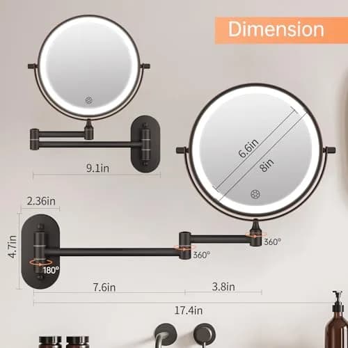 FUNTOUCH Rechargeable Wall Mounted Lighted Makeup Mirror 30cm (12") | 3 Color Lights, 360° Rotation thumbnail 5