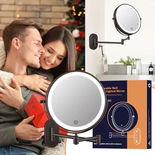 FUNTOUCH Rechargeable Wall Mounted Lighted Makeup Mirror 30cm (12") | 3 Color Lights, 360° Rotation thumbnail 7