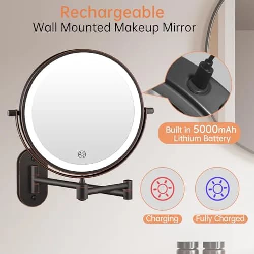 FUNTOUCH Rechargeable Wall Mounted Lighted Makeup Mirror 30cm (12") | 3 Color Lights, 360° Rotation thumbnail 2
