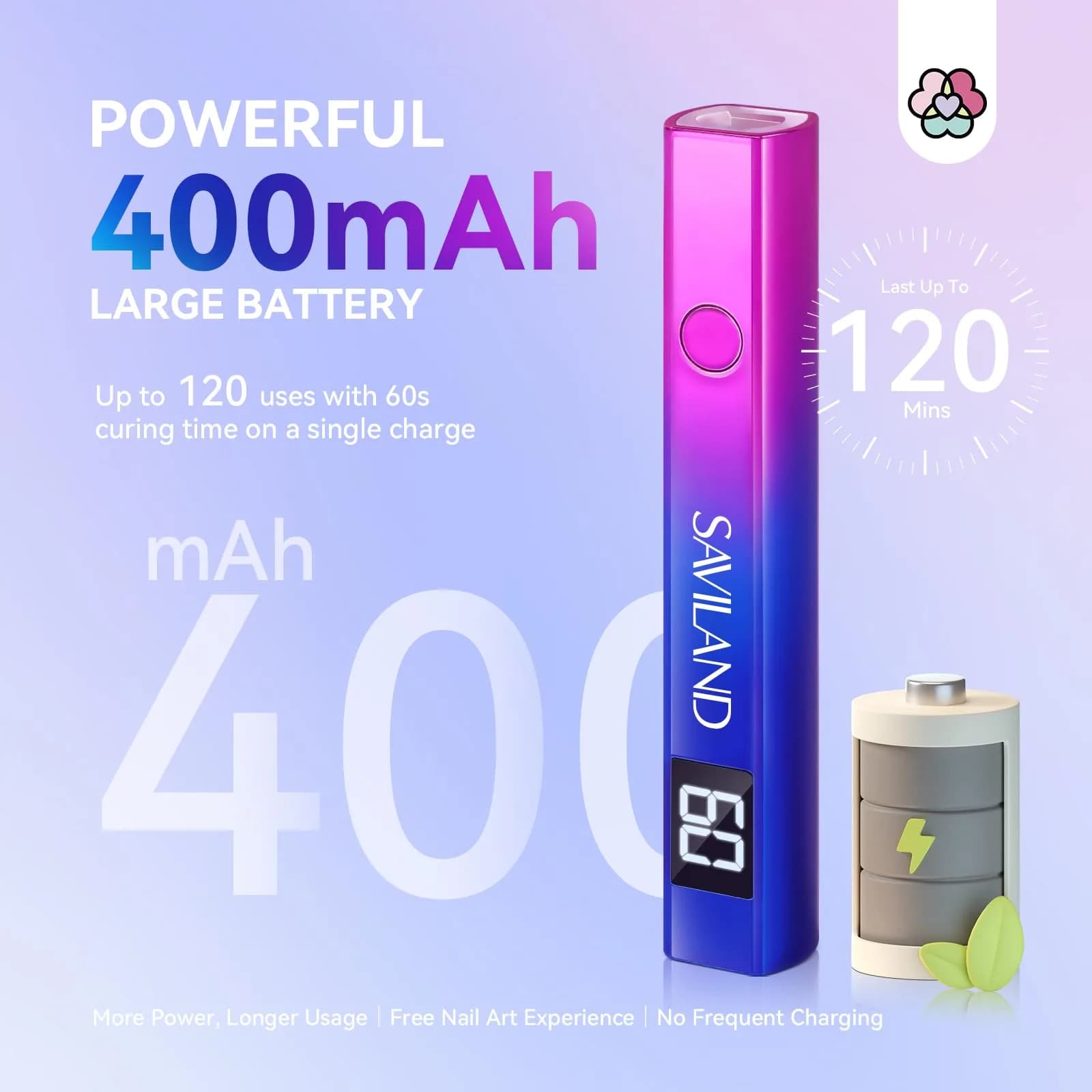 SAVILAND Mini UV LED Nail Lamp 12W with Gooseneck Clip & 3 Timers | 365+405nm Wavelength, Rechargeable 400mAh Battery - view 6