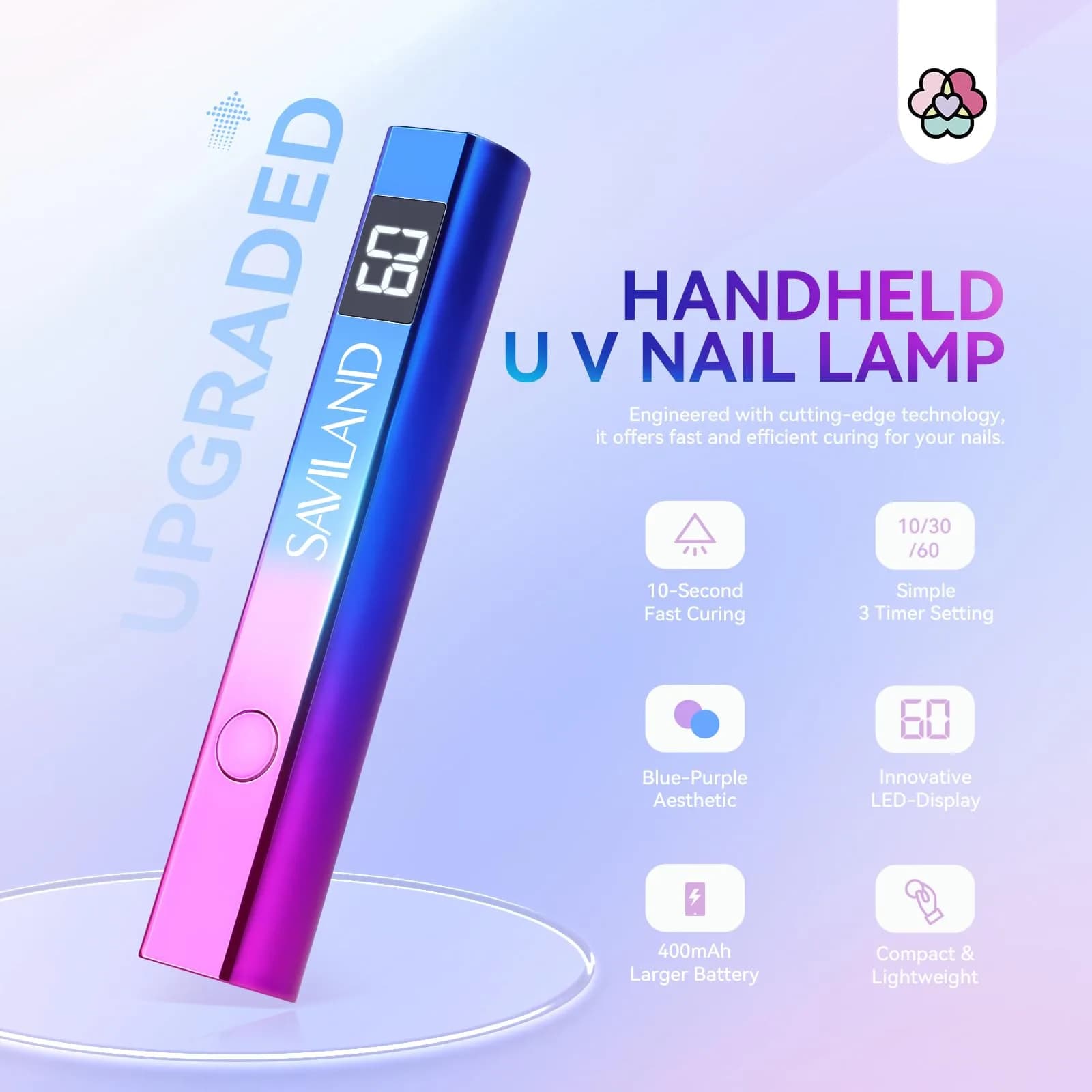 SAVILAND Mini UV LED Nail Lamp 12W with Gooseneck Clip & 3 Timers | 365+405nm Wavelength, Rechargeable 400mAh Battery - view 2