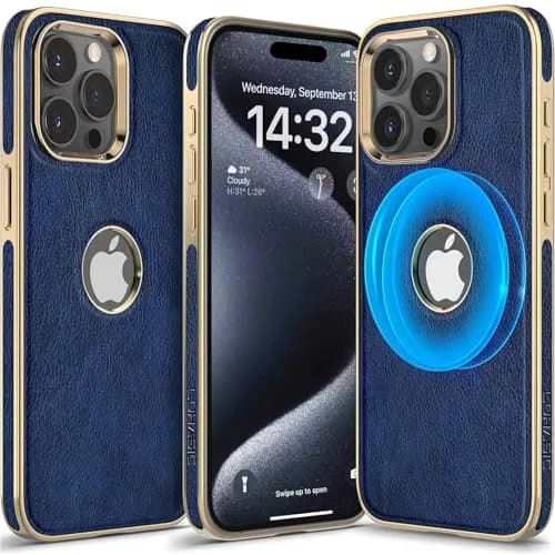 LOHASIC for iPhone 15 Pro Max Case Leather, MagSafe Magnetic Case, Blue | Luxury Vegan PU Leather with MagSafe Compatibility thumbnail 1