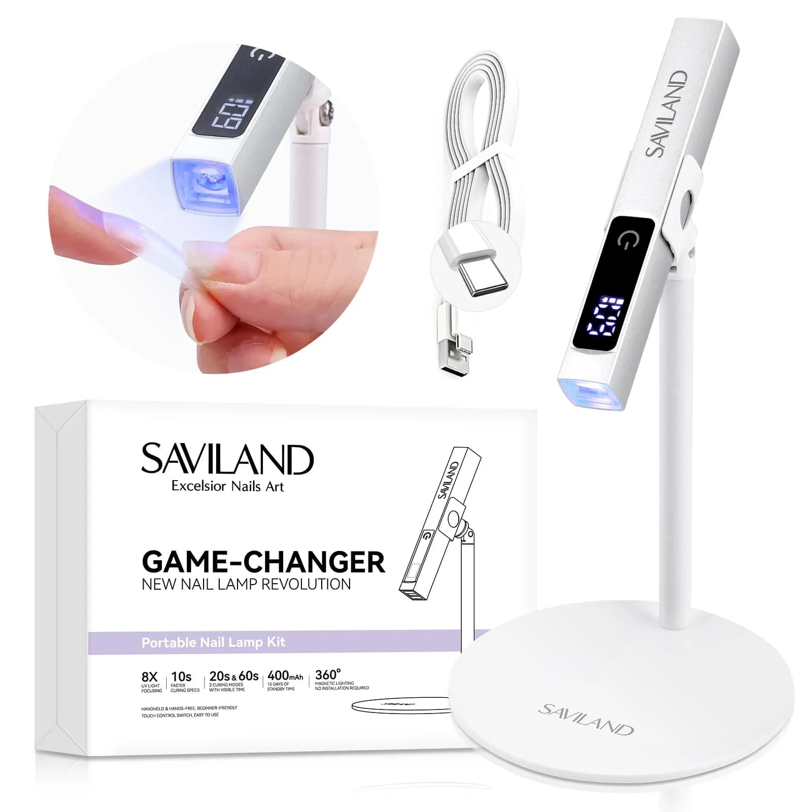 SAVILAND LED Nail Lamp Kit with Magnetic Stand & LCD Screen, 12W Portable Mini Dryer for Gel Nails | Hands-Free 360° Rotation — White