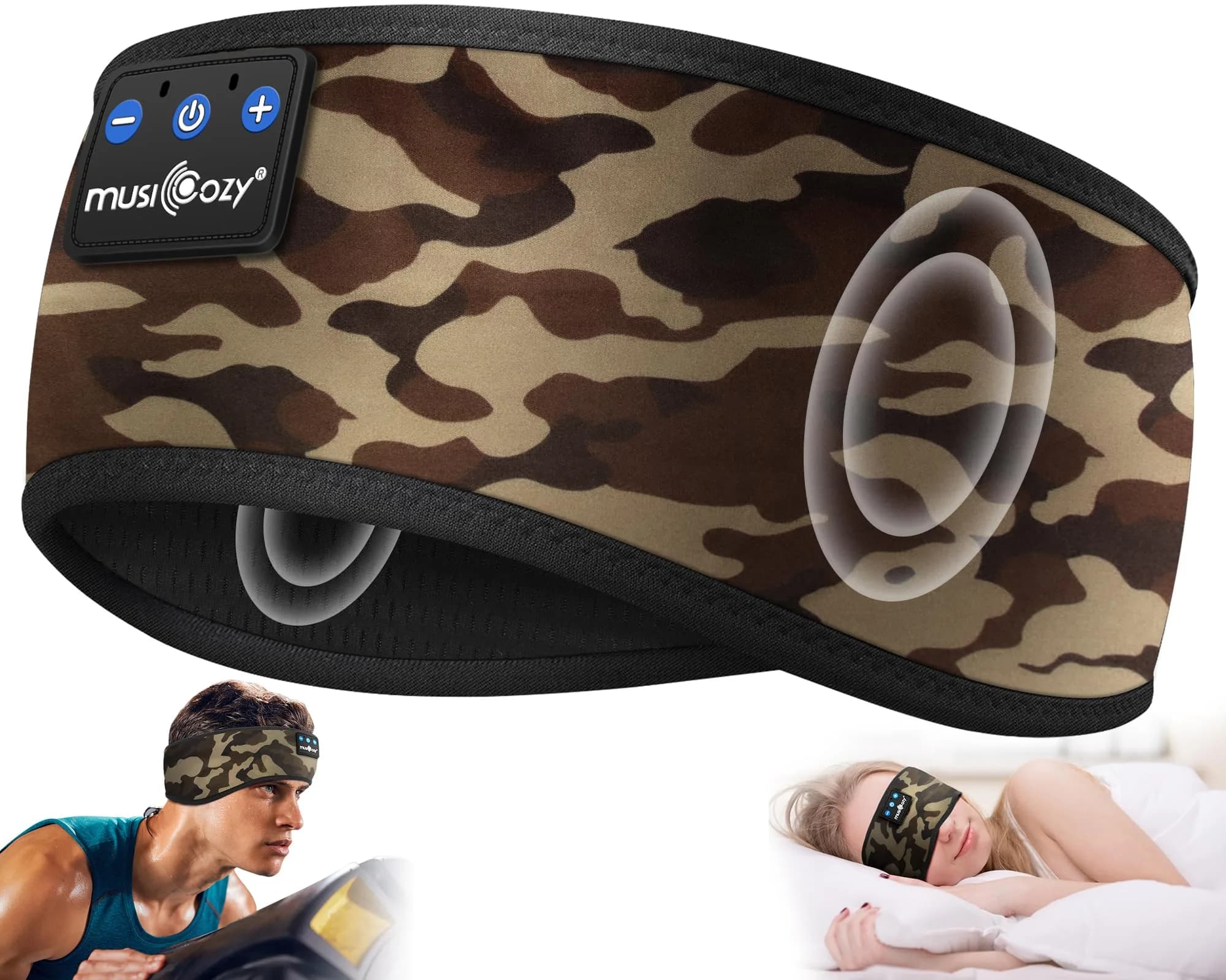 MUSICOZY Bluetooth Headband Headphones for Side Sleepers with 15-Hour Playtime | True HD Sound — Light Camo