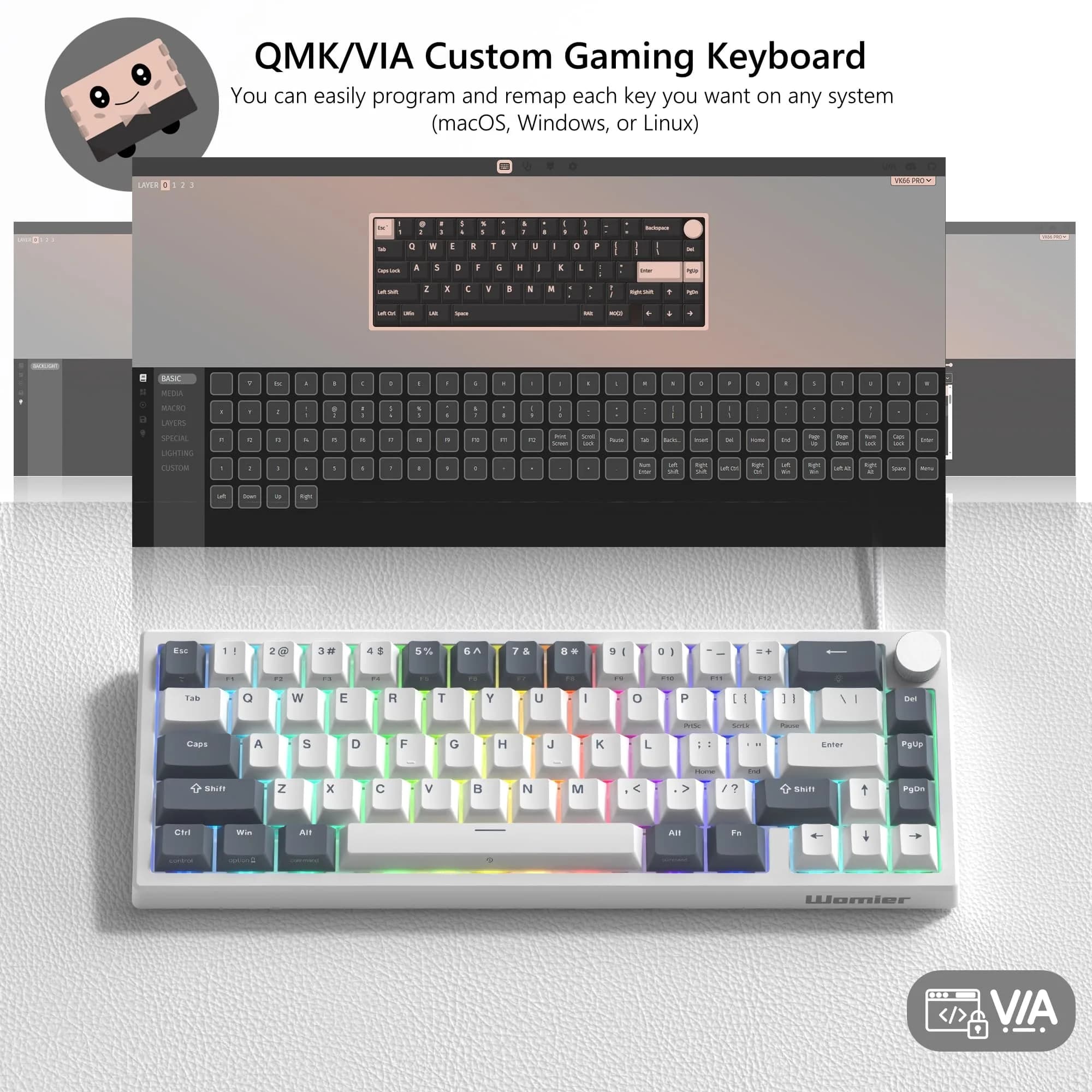 Womier WK61 V2 Mechanical Gaming Keyboard - 61 Keys, Hot-Swappable Linear Red Switch, V-White Grey - view 2