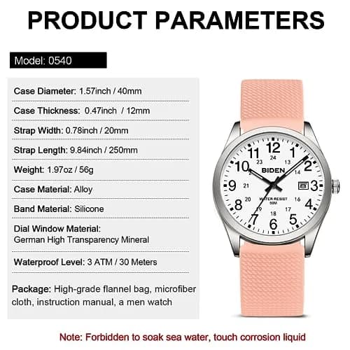 LN LENQIN Men's Analog Quartz Sports Watch 40mm Pink | Military Time with Luminous Dial thumbnail 7