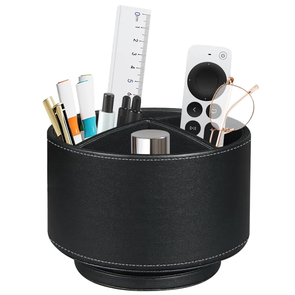 BIBELUN 360 Swivel Remote Control Holder with 4 Compartments | 14.8 cm (5.83 in) Black Faux Leather Desk Organizer