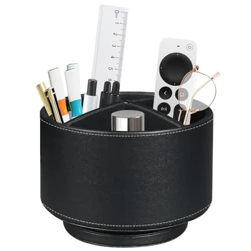 BIBELUN 360 Swivel Remote Control Holder with 4 Compartments | 14.8 cm (5.83 in) Black Faux Leather Desk Organizer thumbnail 1